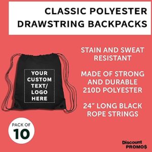 DISCOUNT PROMOS Custom Classic Polyester Drawstring Bags Set of 10, Personalized Bulk Pack - Bring Everywhere You Go, Great for Travelling, Gym and for Everyday Use - Black