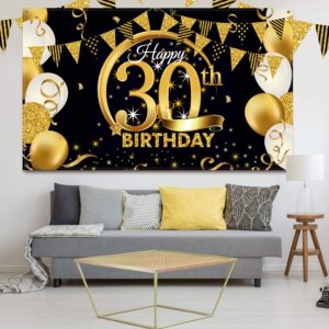 Birthday Party Decoration Extra Large Fabric Black Gold Sign Poster for Anniversary Photo Booth Backdrop Background Banner, Birthday Party Supplies, 72.8 x 43.3 Inch (30th)