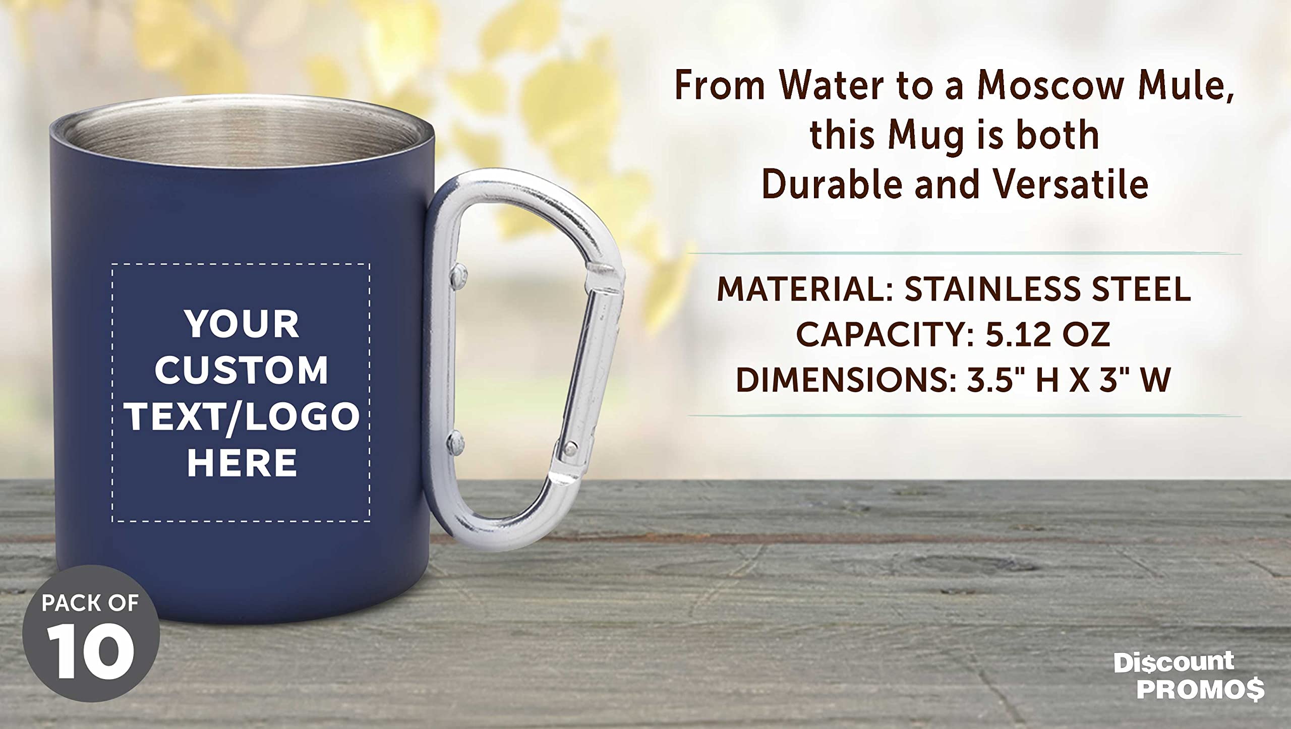 Custom Stainless Steel Mugs with Carabiner Handle 10 oz. Set of 10, Personalized Bulk Pack - Perfect for Coffee, Soda, Other Hot & Cold Beverages - Navy Blue