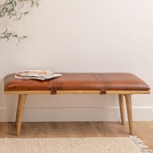 Mid Century Modern Wooden Bench - Leather Bench, Entrance Bench, Foyer for Entryway With Genuine Leather Cushion - Aesthetic Rustic Bedroom, Living Room, Kitchen Window Bench - Brown 48" x 16" x 18"