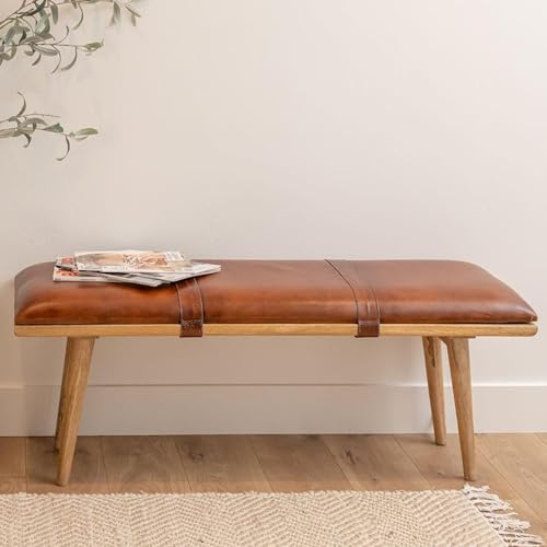 Mid Century Modern Wooden Bench - Leather Bench, Entrance Bench, Foyer for Entryway With Genuine Leather Cushion - Aesthetic Rustic Bedroom, Living Room, Kitchen Window Bench - Brown 48" x 16" x 18"