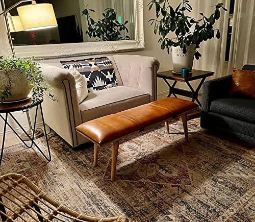 Mid Century Modern Wooden Bench - Leather Bench, Entrance Bench, Foyer for Entryway With Genuine Leather Cushion - Aesthetic Rustic Bedroom, Living Room, Kitchen Window Bench - Brown 48" x 16" x 18"