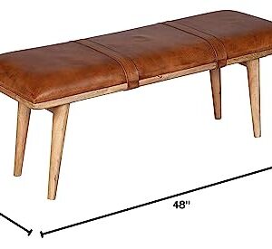 Mid Century Modern Wooden Bench - Leather Bench, Entrance Bench, Foyer for Entryway With Genuine Leather Cushion - Aesthetic Rustic Bedroom, Living Room, Kitchen Window Bench - Brown 48" x 16" x 18"