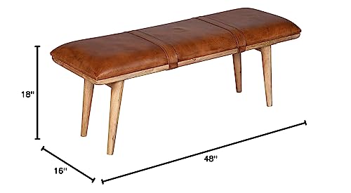 Mid Century Modern Wooden Bench - Leather Bench, Entrance Bench, Foyer for Entryway With Genuine Leather Cushion - Aesthetic Rustic Bedroom, Living Room, Kitchen Window Bench - Brown 48" x 16" x 18"