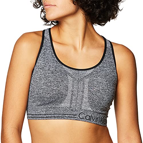 Calvin Klein Women's Premium Performance Moisture Wicking Medium Impact Reversible Sports Bra, Heather Grey Black, Small