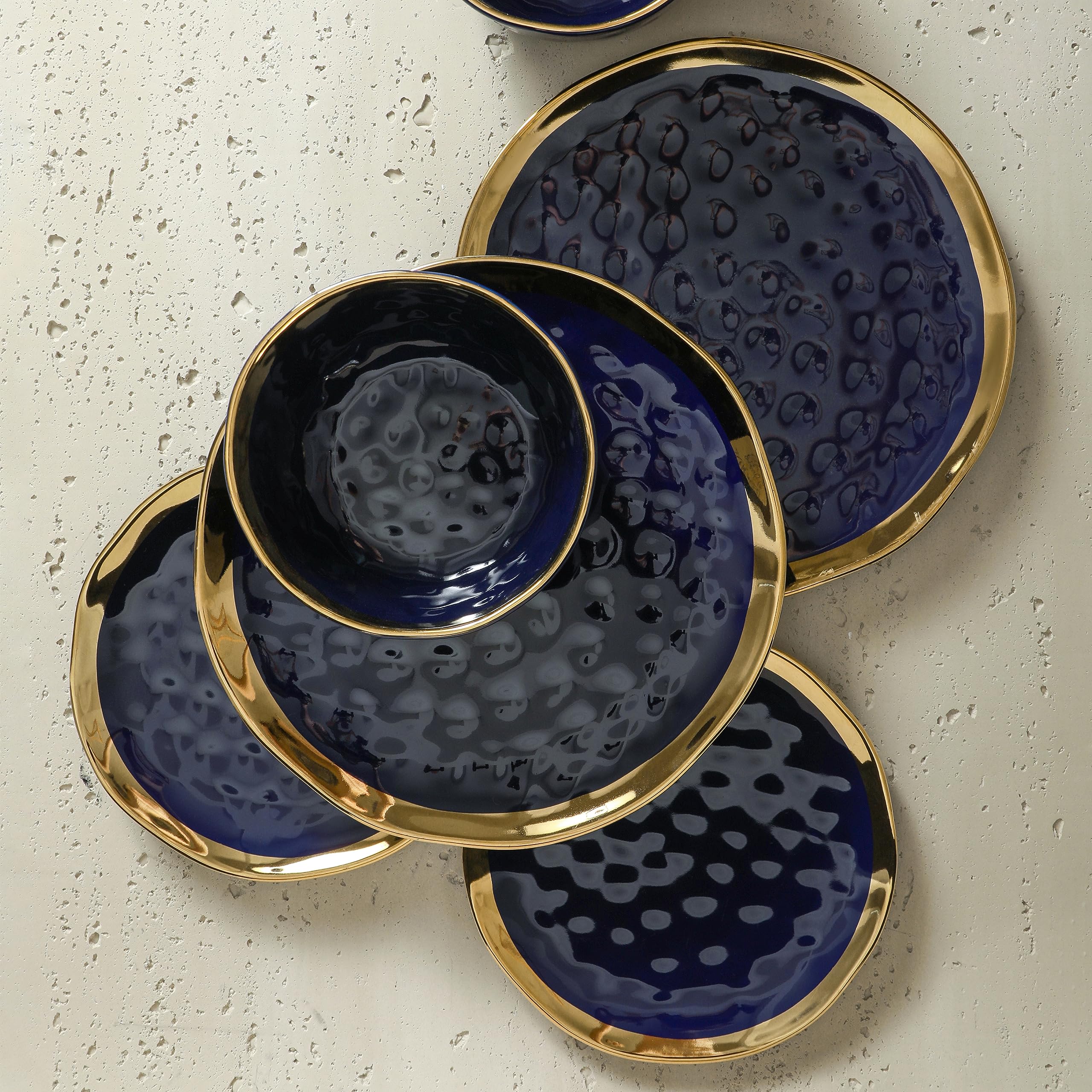 Stone Lain Porcelain 16 Piece Dinnerware Set, Service for 4, Blue and Golden Rim, Dark Blue