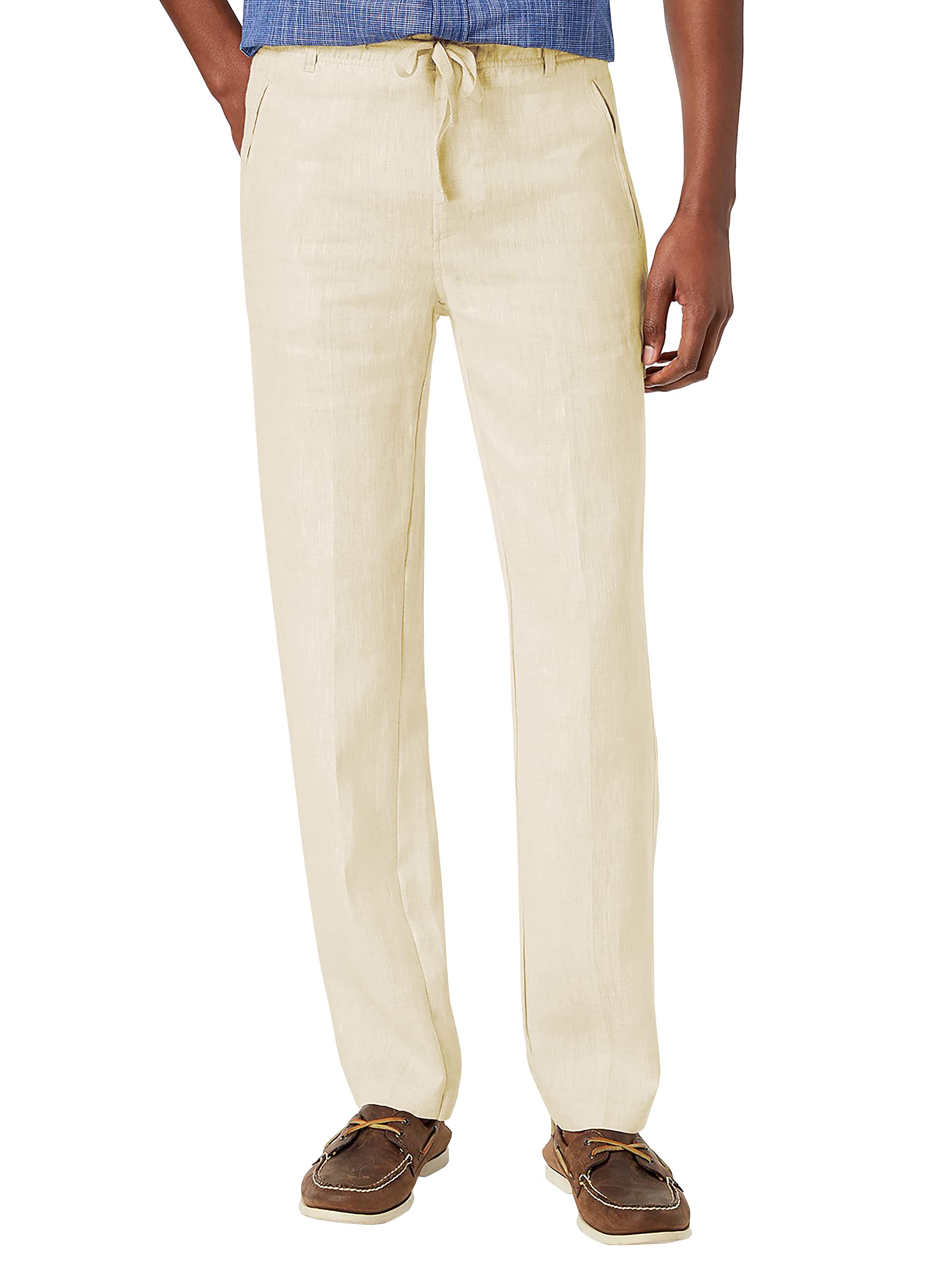 Mens Premium Soft Linen Pants Wrinkle Resistant Flat Front Classic Slacks (Medium, 1bh04_Natural Linen)