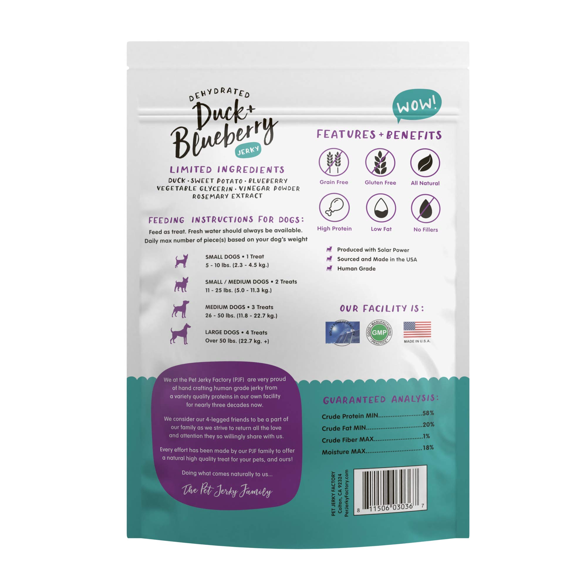 Pet Jerky Factory Premium Duck and Blueberry 5 oz. Dog Jerky Treats | 100% Human Grade | USA Made | High Protein | Grain Free | Limited Ingredients | No Filler | BHA-BHT Free | Soft-Tender