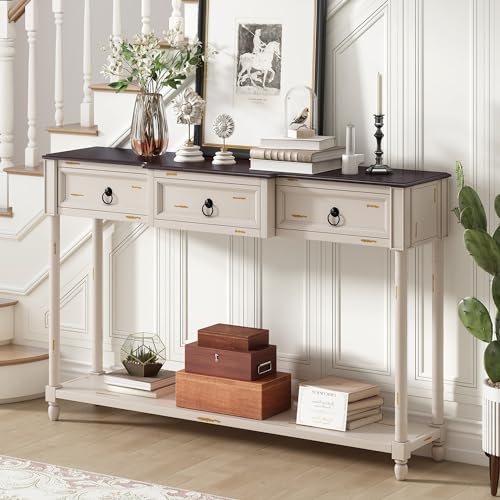 Merax Long Wood Console Table with 3 Drawers, Entryway Table with Storage Shelf, Long Sofa Table for Living Room, Beige