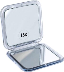 mirrorvana small compact 15x magnifying mirror for travel - handheld, foldable & lightweight - mini pocket-sized magnified mirror for purse - square 3.3” x 3.3”