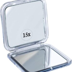 MIRRORVANA Small Compact 15X Magnifying Mirror for Travel - Handheld, Foldable & Lightweight - Mini Pocket-Sized Magnified Mirror for Purse - Square 3.3” x 3.3”