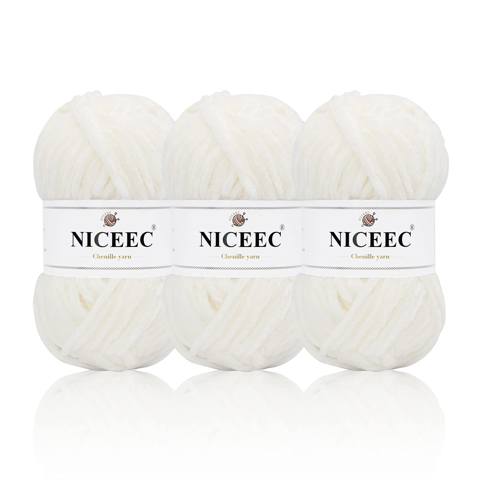 NICEEC 3 Skeins Soft Chenille Yarn Blanket Yarn for Knitting Fancy Yarn for Crochet Weaving DIY Craft Total Length 3×85m (3×93yds, 3×50g)_Cream White