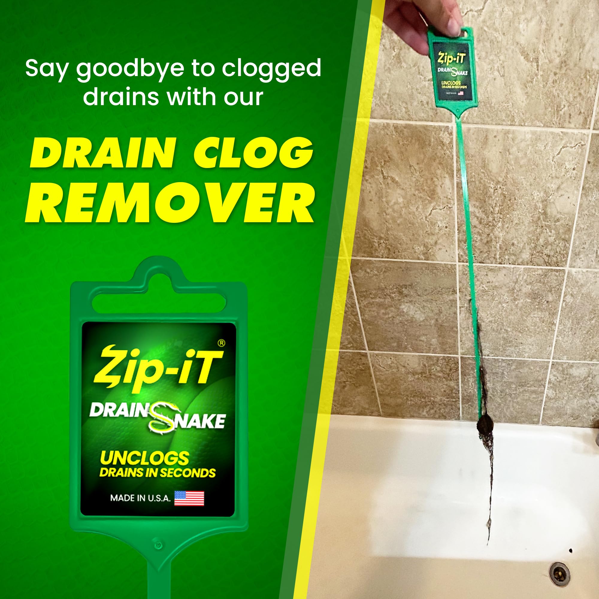 The original Zip-It Hair Clog Remover 25-inch Overall Length Drain Snake Cleaner (3-Pack), Unclog Your Sink, Shower, & Tub Drain In Seconds – Non-toxic, Made in the USA