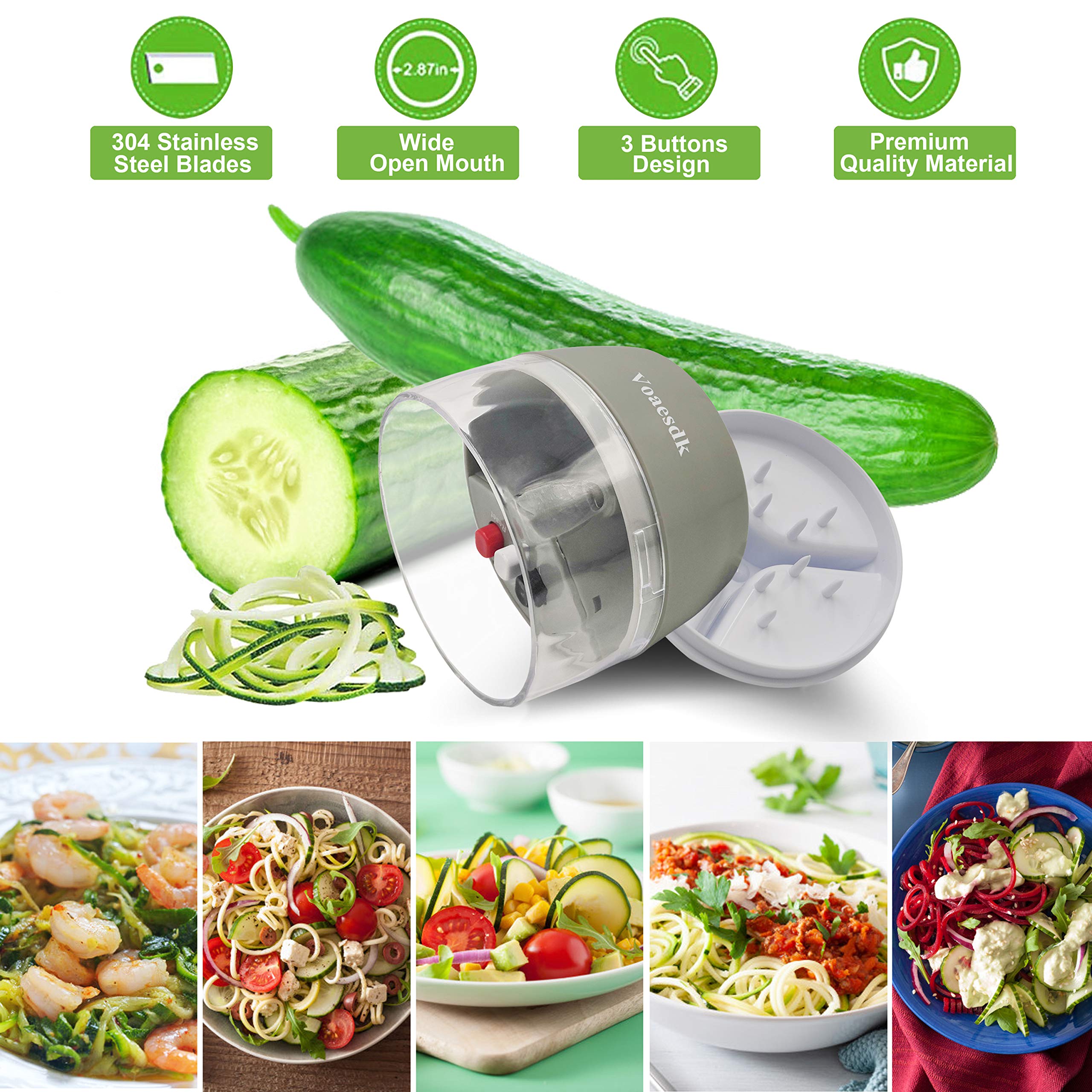 Voaesdk Handheld Spiralizer Vegetable Slicer,4 in 1 Heavy Duty Veggie Spiralizer Zucchini Spaghetti Maker,Vegatable Spiral Slicer for Salad,Carrot,Fruit,Cucumber,Zucchini,Onion Noodle Maker (Gray)