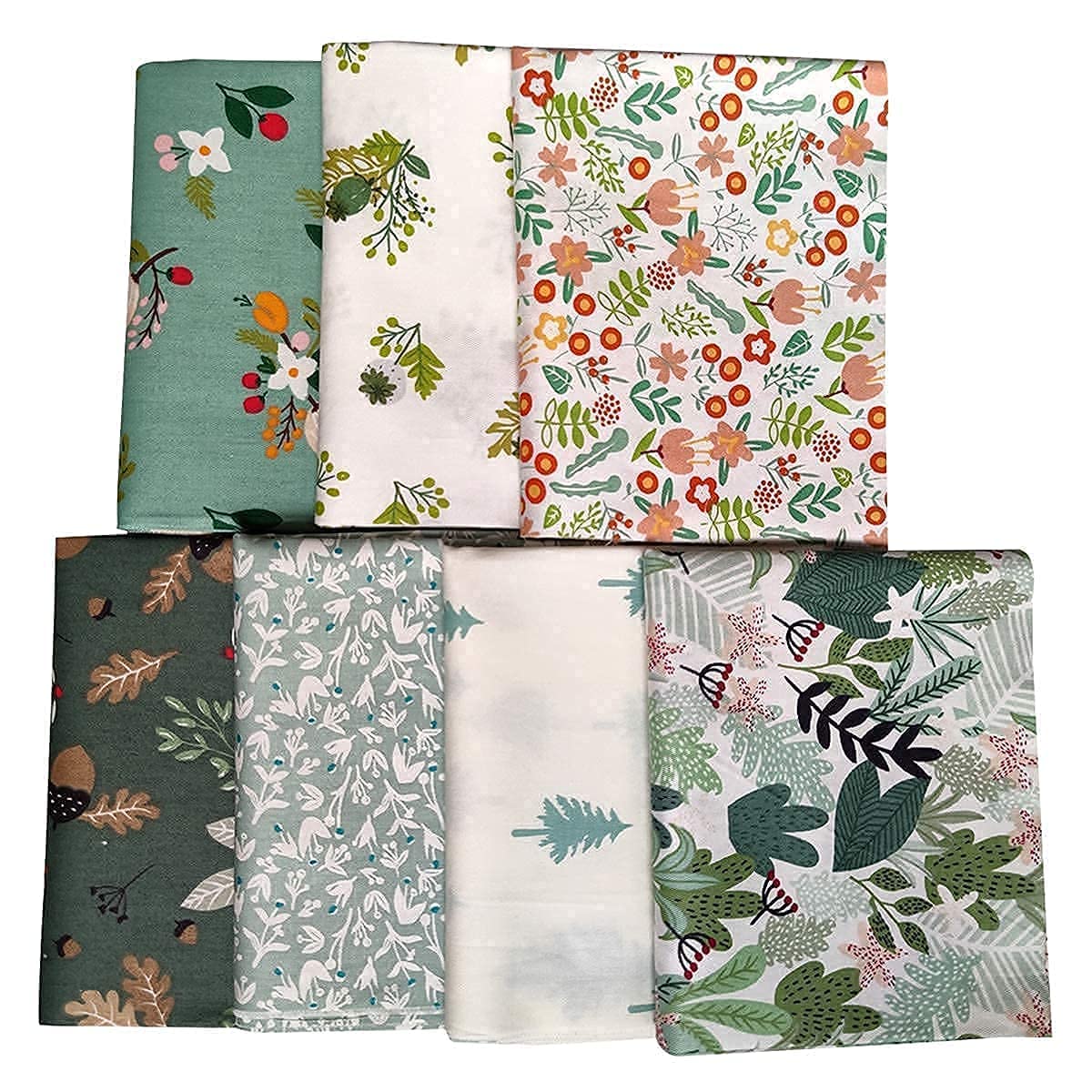 Qililandiy 7 Pcs Green Floral Fat Quarters Fabric Bundles Quilting Fabric Bundle Patchwork for Sewing Quilting and Crafting (18x22 inch)