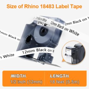 Compatible Label Tape 1/2 Replace for Rhino 5200 label tape Dymo Rhino 4200 5200 18483 Permanent Polyester Label Tape 1/2 for Rhino 5200, 4200, 5000, 6000, 6500, 12mm Black on White 1/2" x 18', 4 Pack