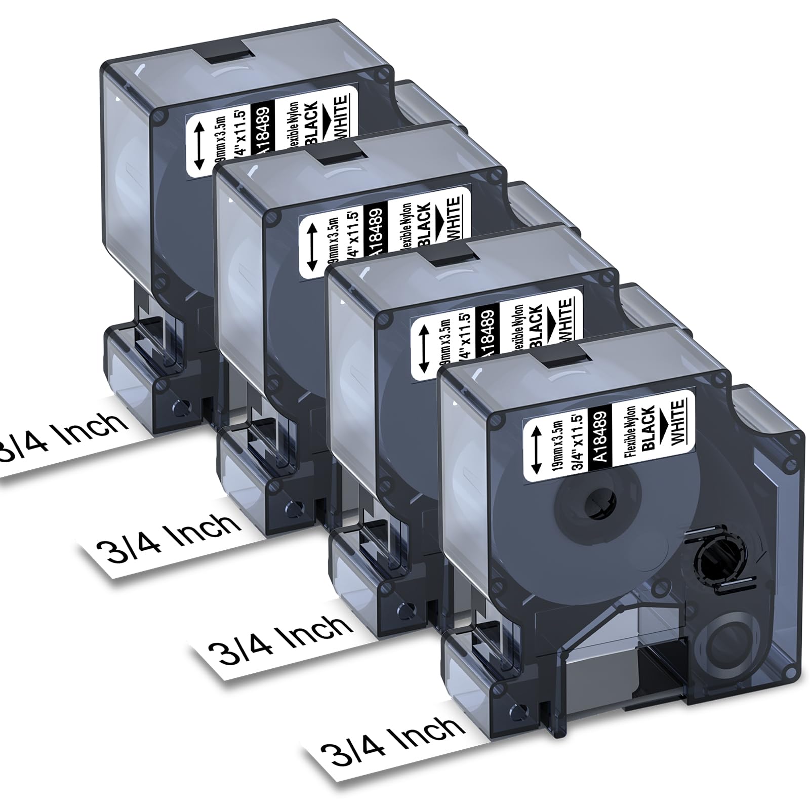 18489 Replace for Dymo Rhino 5200 4200 Label Tape 3/4 Rhino Industrial Flexible Nylon Labels Compatible with Rhino 4200,5200,5000,6000 Label Maker Refills A18489, 3/4'' x 11.5', Black on White, 4 Pack