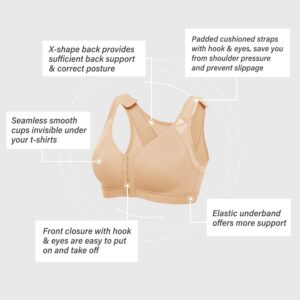 DELIMIRA Women's Front Closure Posture Wireless Back Support Full Coverage Bra Taupe Tan 36B