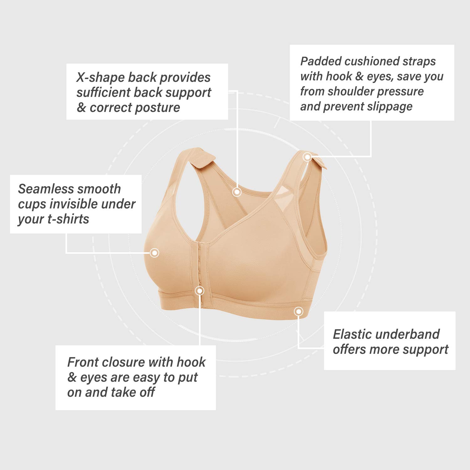 DELIMIRA Women's Front Closure Posture Wireless Back Support Full Coverage Bra Taupe Tan 36B