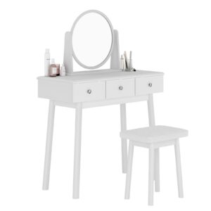 sogeshome vanity table sets with moveable mirror and padded stool, makeup desk with 3-drawers, classic white dressing table vanity desk for bedroom, makeup studio, dormitory, white