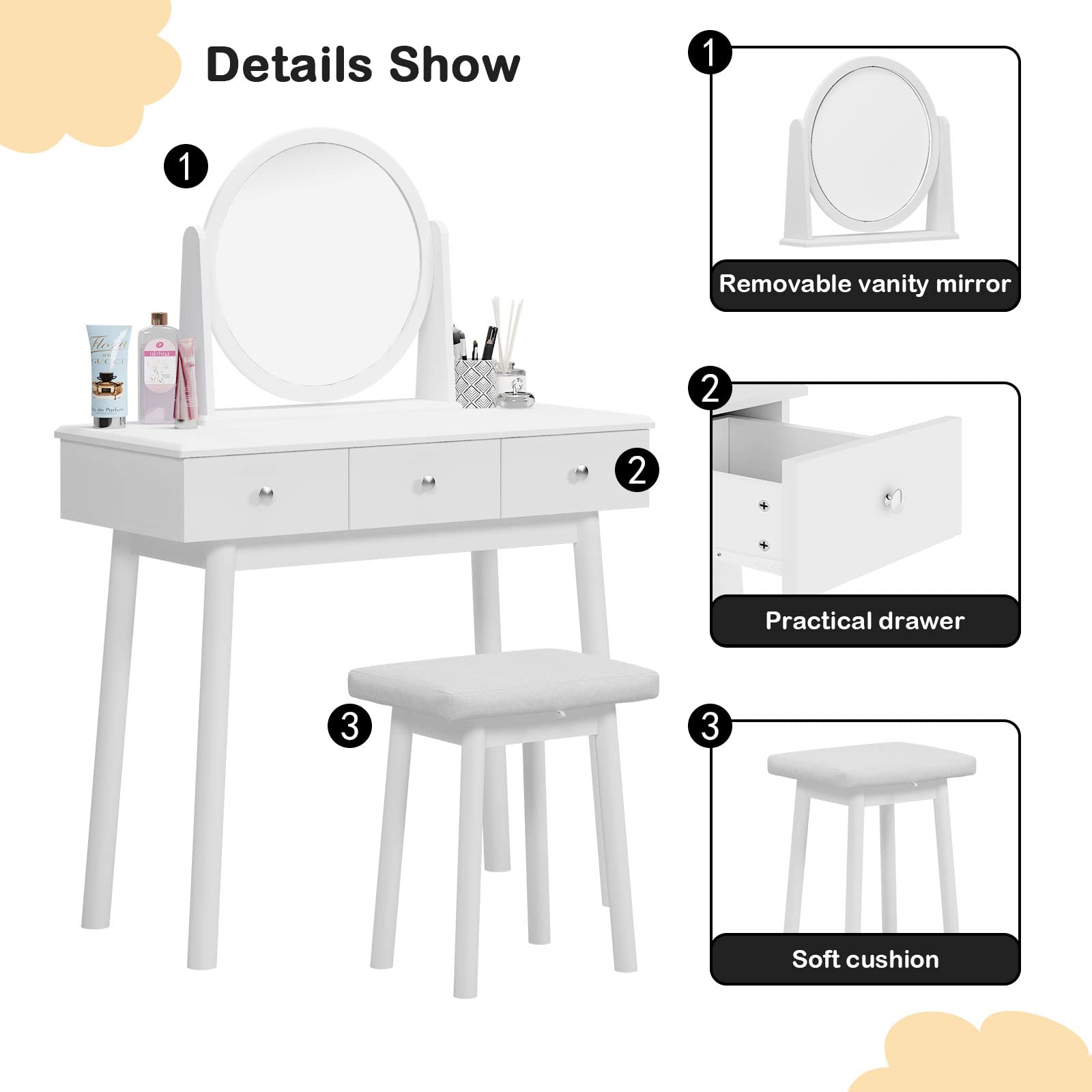 SogesHome Vanity Table Sets with Moveable Mirror and Padded Stool, Makeup Desk with 3-Drawers, Classic White Dressing Table Vanity Desk for Bedroom, Makeup Studio, Dormitory, White