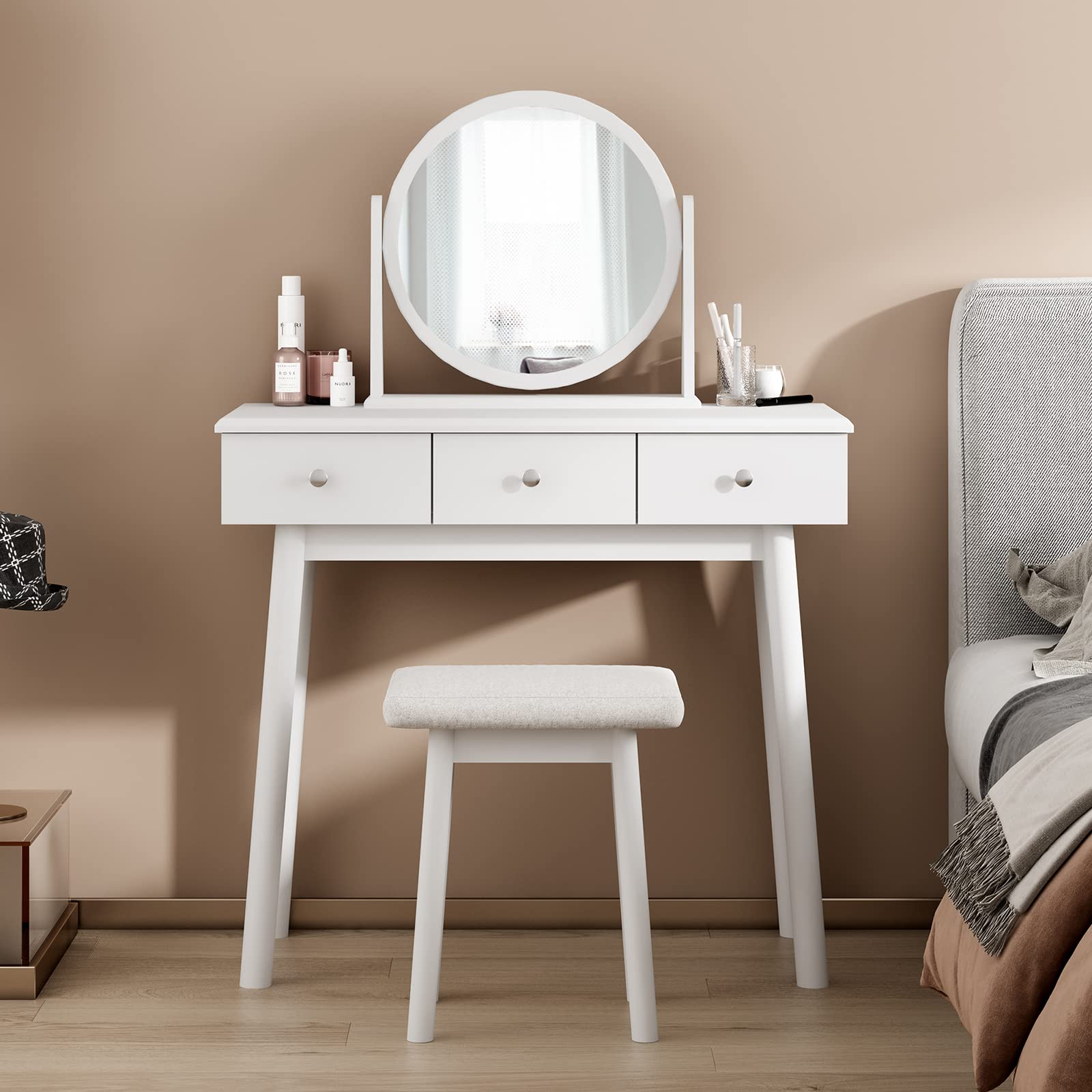 SogesHome Vanity Table Sets with Moveable Mirror and Padded Stool, Makeup Desk with 3-Drawers, Classic White Dressing Table Vanity Desk for Bedroom, Makeup Studio, Dormitory, White