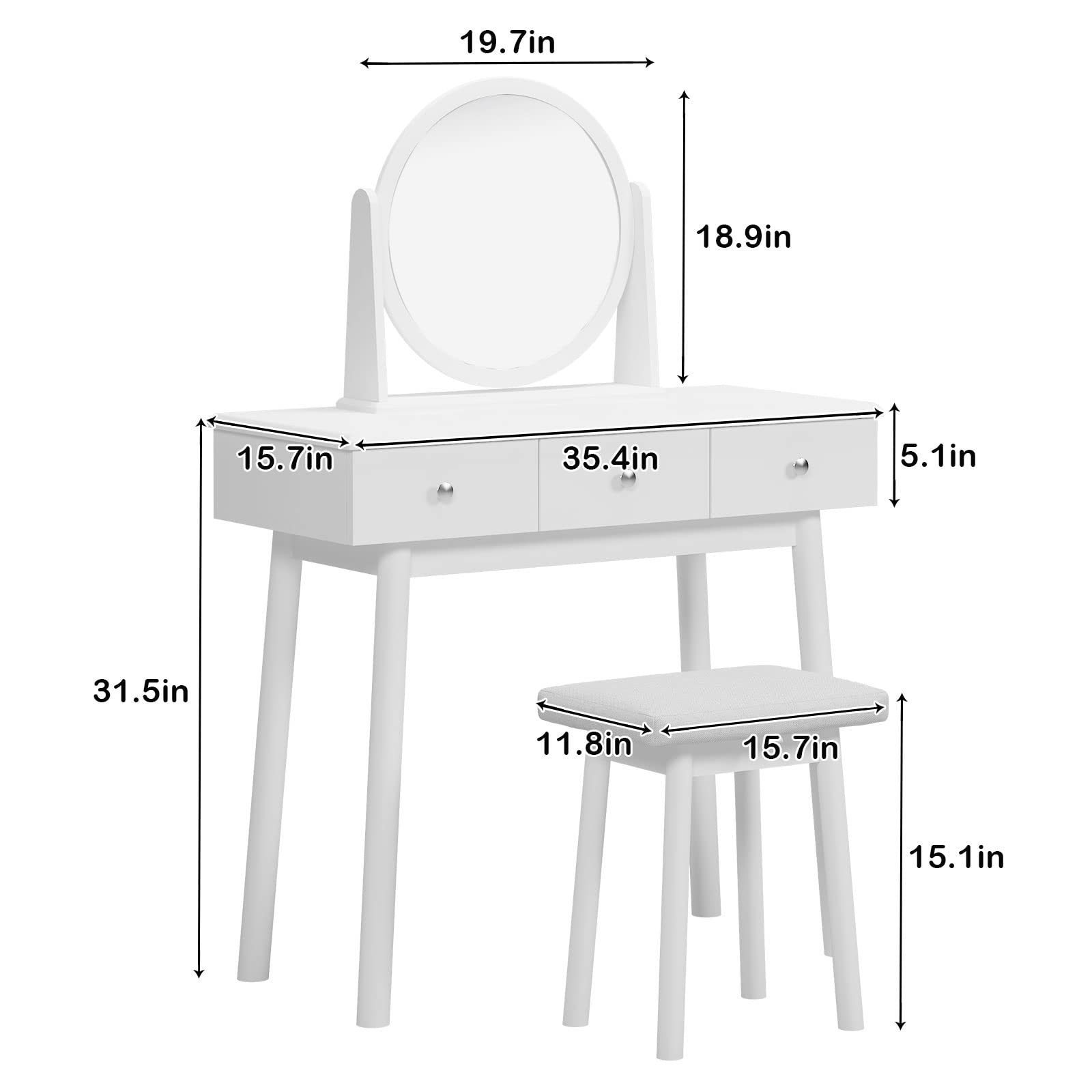 SogesHome Vanity Table Sets with Moveable Mirror and Padded Stool, Makeup Desk with 3-Drawers, Classic White Dressing Table Vanity Desk for Bedroom, Makeup Studio, Dormitory, White