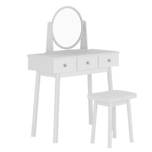 SogesHome Vanity Table Sets with Moveable Mirror and Padded Stool, Makeup Desk with 3-Drawers, Classic White Dressing Table Vanity Desk for Bedroom, Makeup Studio, Dormitory, White