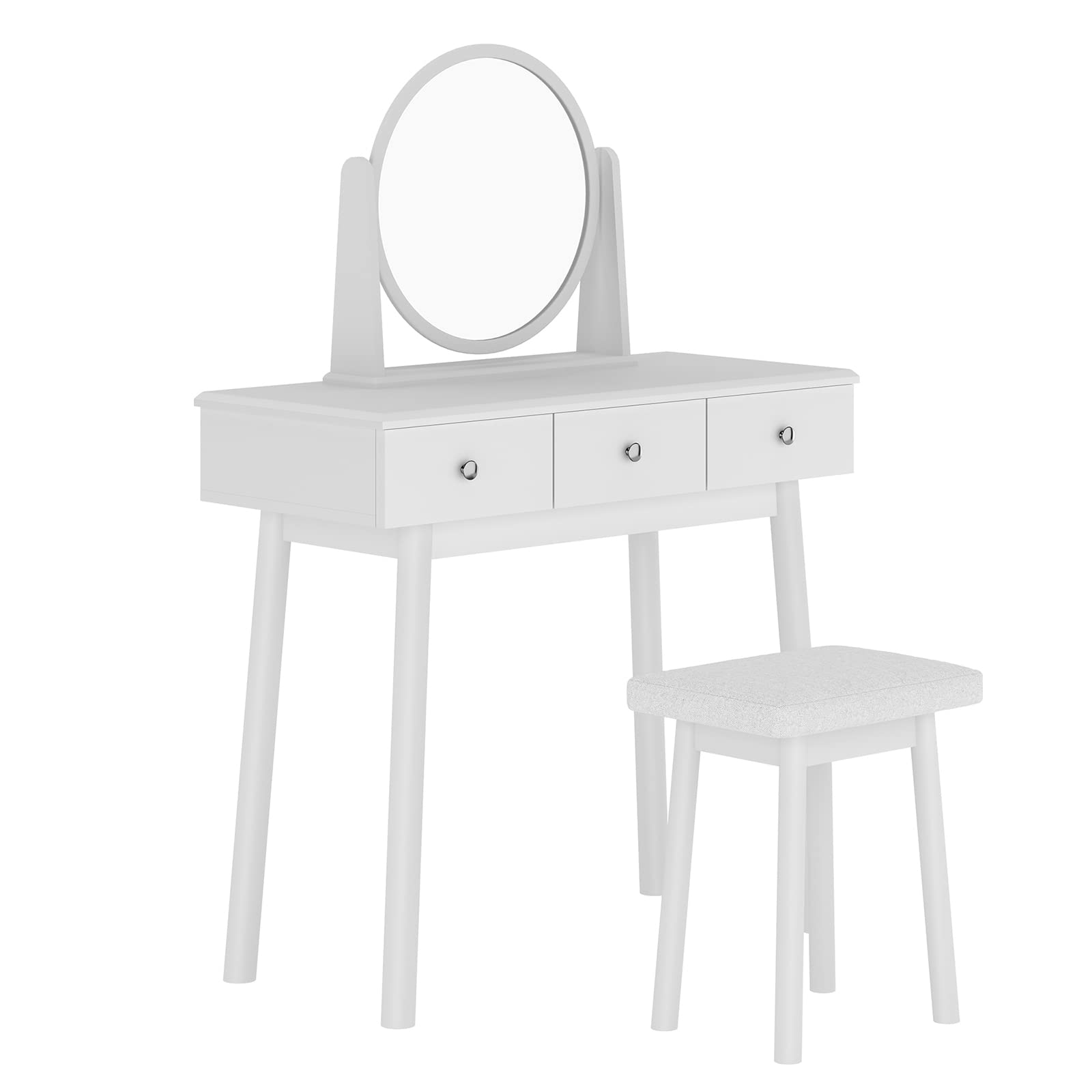 SogesHome Vanity Table Sets with Moveable Mirror and Padded Stool, Makeup Desk with 3-Drawers, Classic White Dressing Table Vanity Desk for Bedroom, Makeup Studio, Dormitory, White