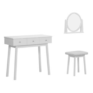 SogesHome Vanity Table Sets with Moveable Mirror and Padded Stool, Makeup Desk with 3-Drawers, Classic White Dressing Table Vanity Desk for Bedroom, Makeup Studio, Dormitory, White