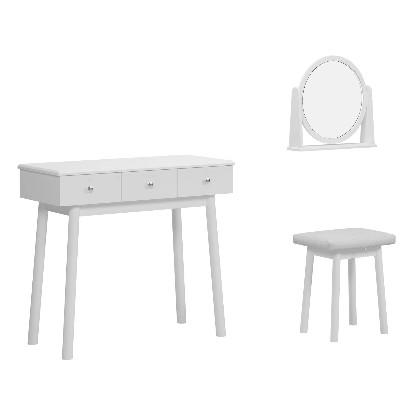 SogesHome Vanity Table Sets with Moveable Mirror and Padded Stool, Makeup Desk with 3-Drawers, Classic White Dressing Table Vanity Desk for Bedroom, Makeup Studio, Dormitory, White