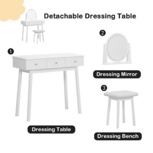 SogesHome Vanity Table Sets with Moveable Mirror and Padded Stool, Makeup Desk with 3-Drawers, Classic White Dressing Table Vanity Desk for Bedroom, Makeup Studio, Dormitory, White