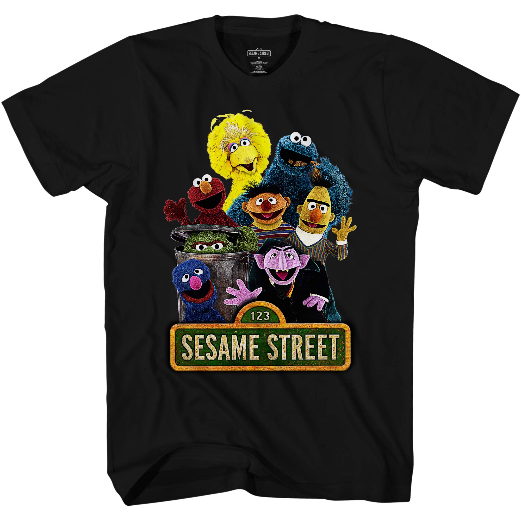 Sesame Street Mens Classic Shirt Elmo Cookie Monster Big Bird Tee T-Shirt (Black, X-Large)