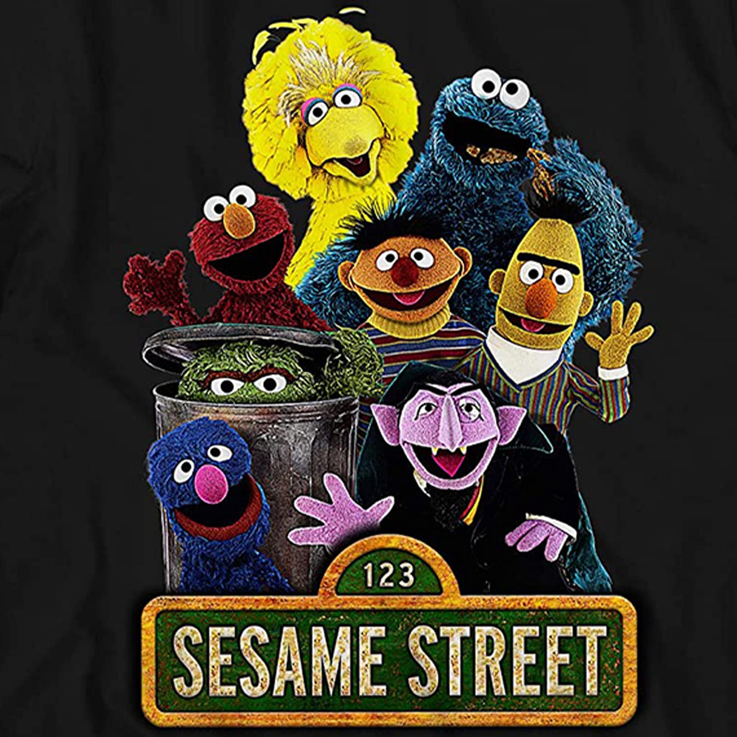 Sesame Street Mens Classic Shirt Elmo Cookie Monster Big Bird Tee T-Shirt (Black, X-Large)