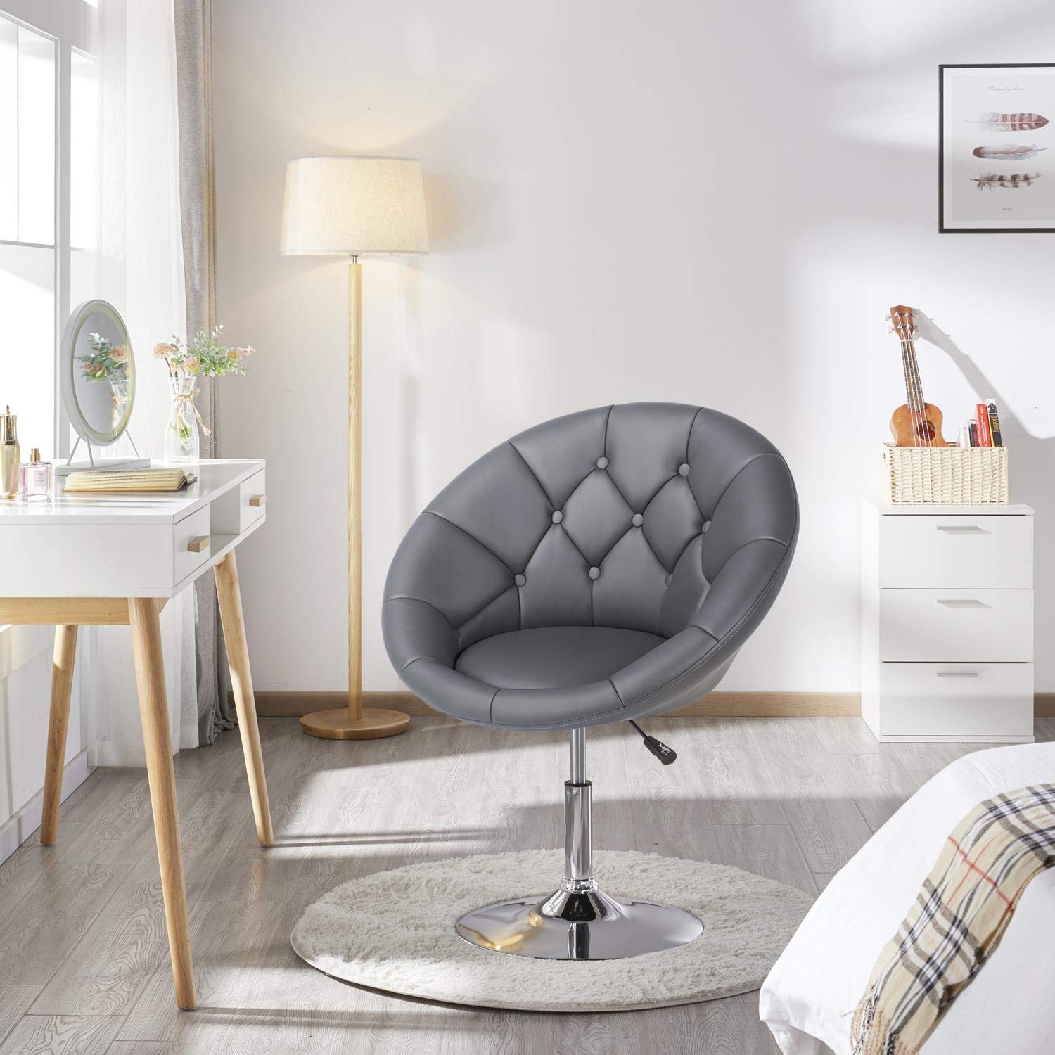 Yaheetech Swivel Accent Chair Height Adjustable Modern Round Back Tilt Chair with Chrome Frame for Lounge, Pub, Bar - Dark Grey