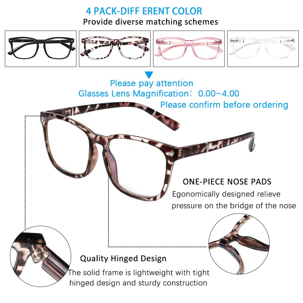 Henotin 4-Pack Blue Light Blocking Reading Glasses Women Men,Spring Hinge Computer Readers,Anti UV Ray Square Nerd Eyeglasses (Mixed Color, 1.25)