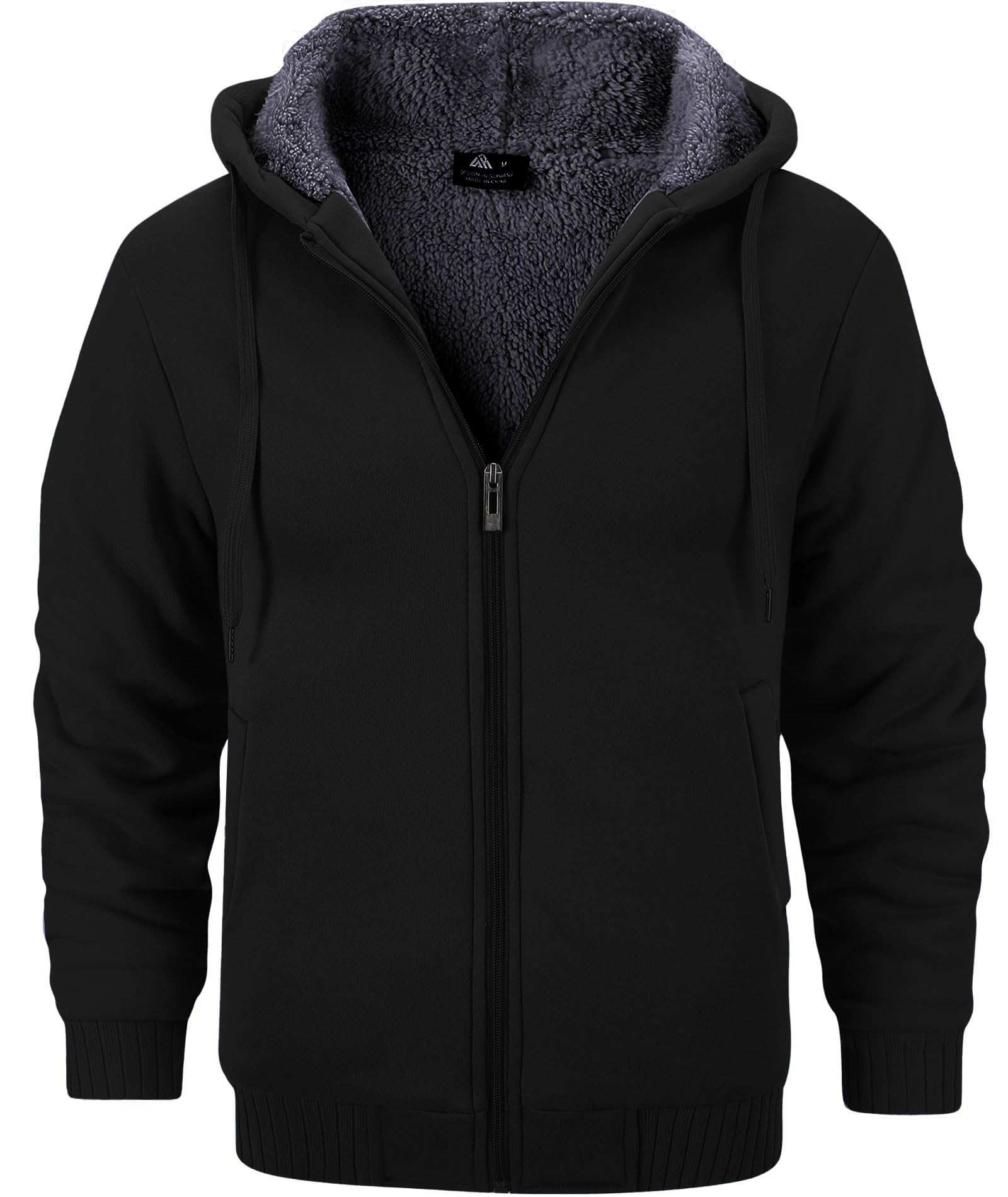 GEEK LIGHTING Hoodies for Men Heavyweight Fleece Sweatshirt - Full Zip Up Thick Sherpa Lined, Pure black XL