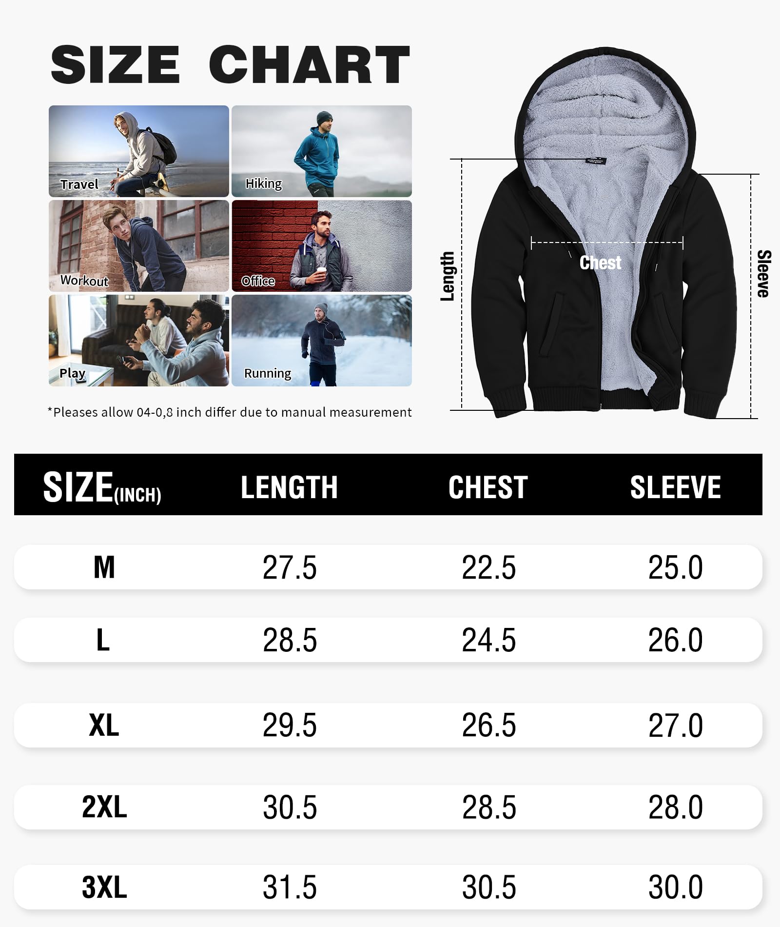 GEEK LIGHTING Hoodies for Men Heavyweight Fleece Sweatshirt - Full Zip Up Thick Sherpa Lined, Pure black XL