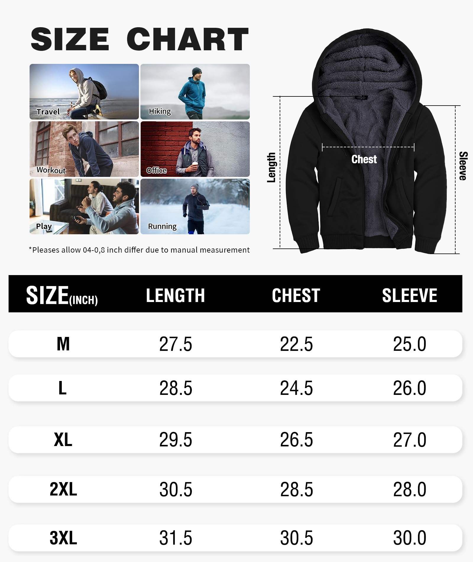 GEEK LIGHTING Hoodies for Men Heavyweight Fleece Sweatshirt - Full Zip Up Thick Sherpa Lined, Pure black XL