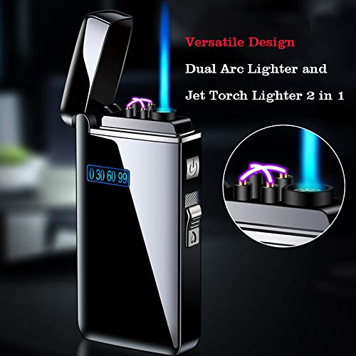 Dual Arc Lighter Jet Flame Torch Cigar USB Lighter 2 in1 Rechargeable Windproof Flameless Good for Cigarette Cigar Candle Pipe (Black)