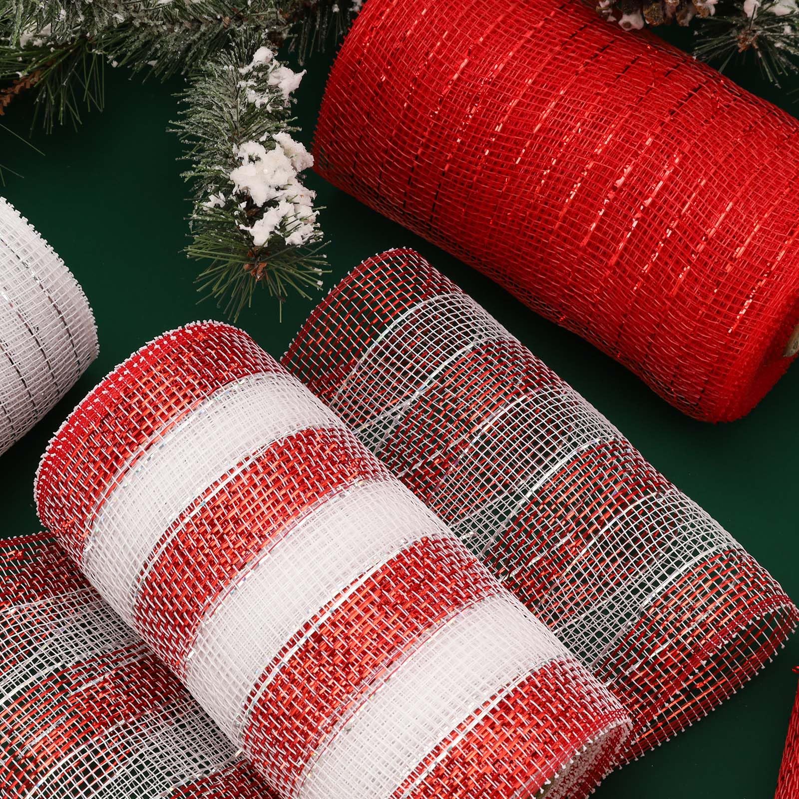 LaRibbons Deco Mesh Ribbon，6 inch x 30 feet Each Roll，Metallic Foil Red and White Rolls for Wreaths, Swags and Christmas Tree Decoration，4 Roll