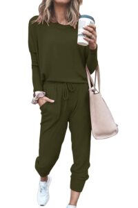 prettygarden women's 2024 fall two piece outfit long sleeve crewneck pullover tops and long pants tracksuit (army green,medium)