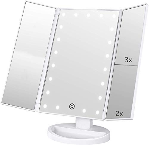 Flymiro Tri-fold Lighted Vanity Makeup Mirror with 3x/2x/1x Magnification, 21Leds Light and Touch Screen,180 Degree Free Rotation Countertop Travel Cosmetic Mirror (White)