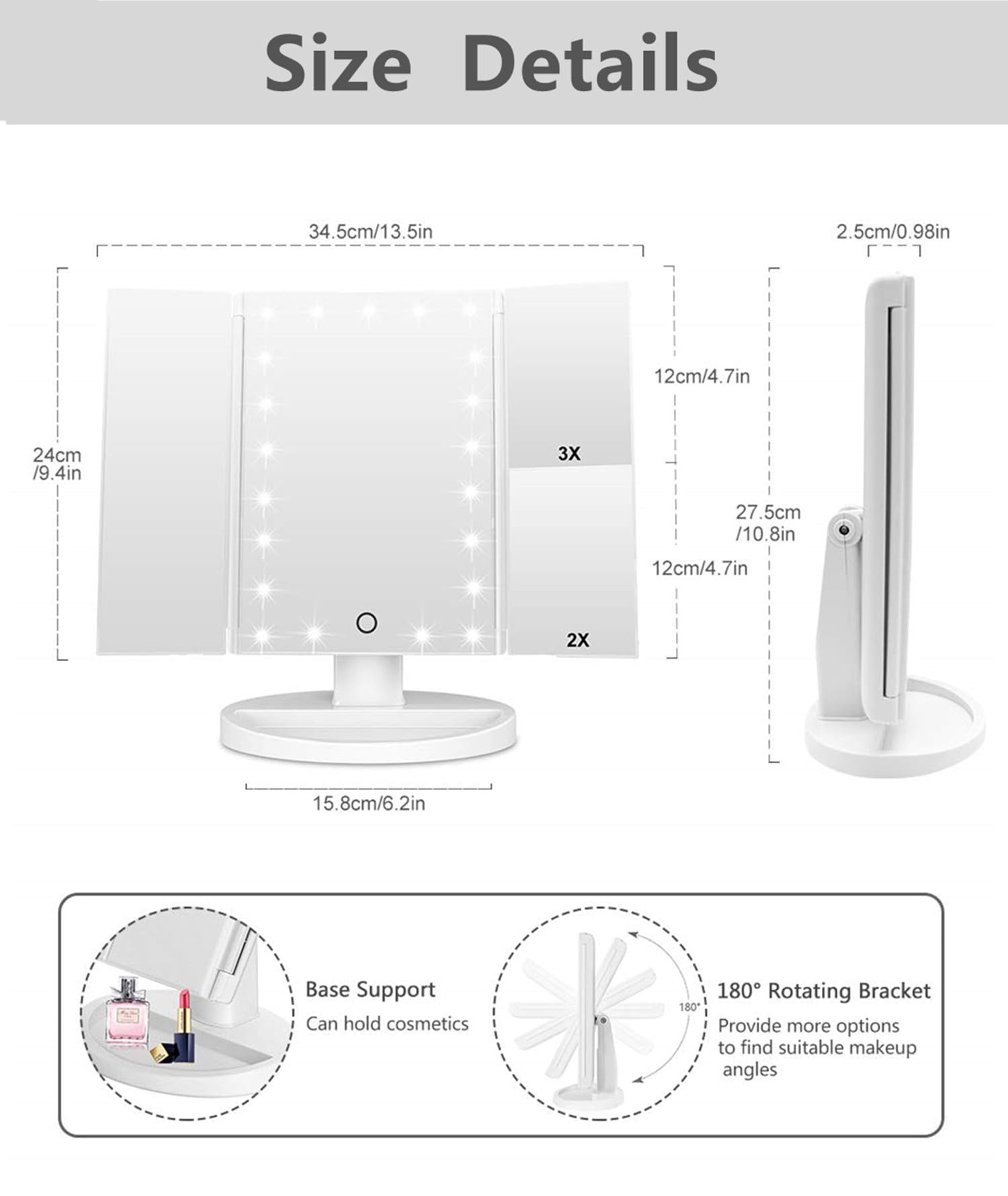 Flymiro Tri-fold Lighted Vanity Makeup Mirror with 3x/2x/1x Magnification, 21Leds Light and Touch Screen,180 Degree Free Rotation Countertop Travel Cosmetic Mirror (White)