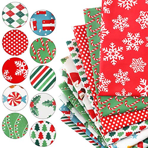 10 Pieces Christmas Cotton Fabric Squares Precut Quilting Fabric Patchwork Christmas Snowflake Print Red Green Fabric for Xmas Sewing Crafting DIY Supplies (50 x 50 cm/ 19.68 x 19.68 Inch)