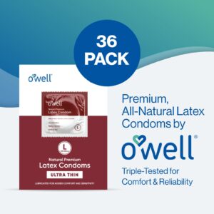 36 Latex, Ultra-Thin Condoms – Triple-Tested Lubricated Condoms with a Silicone Base for Comfortable Birth Control & Pleasure – Natural Latex Condoms for Men (2 x 7.2 in. Flat) by OWELL, Large