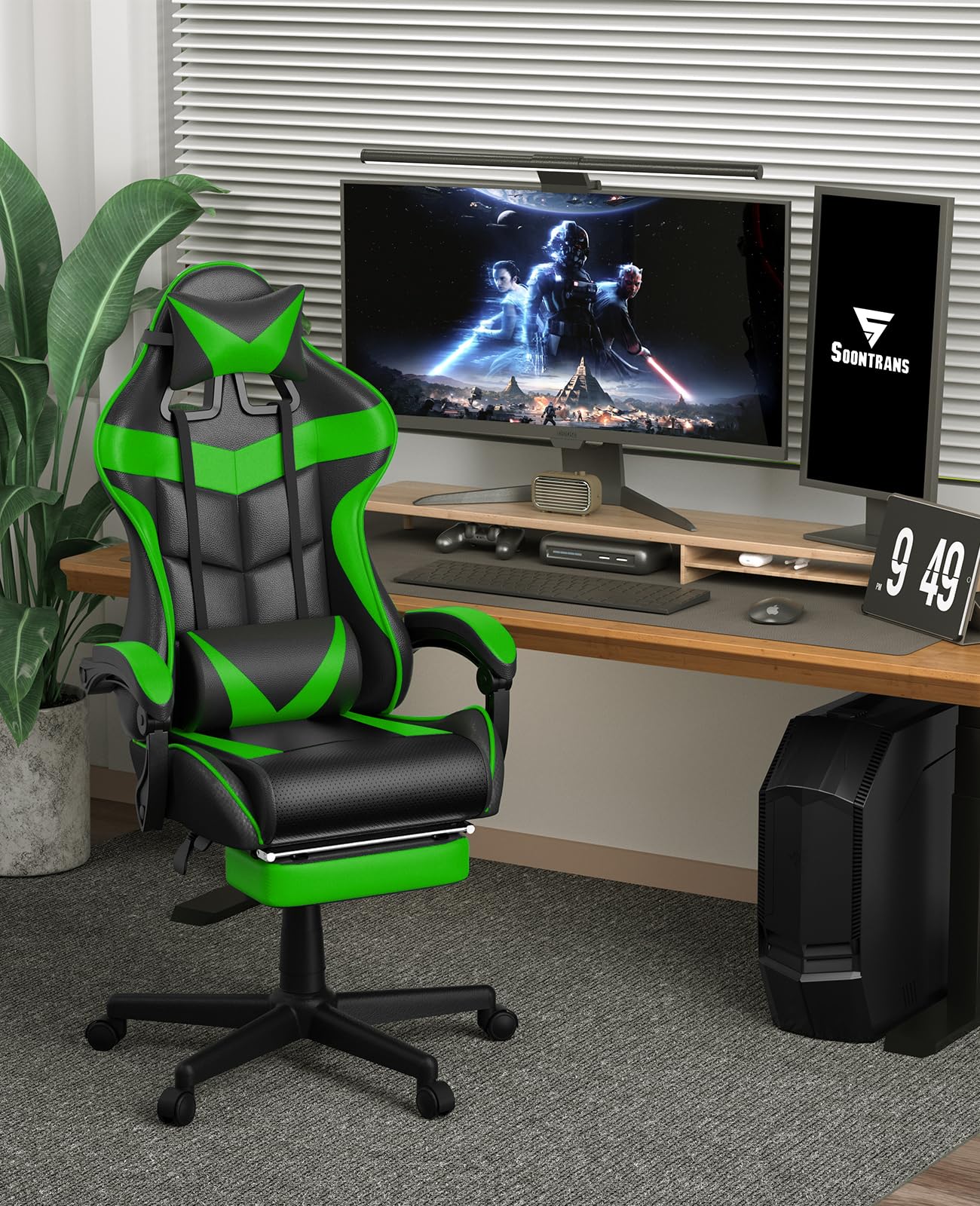 Soontrans Green Gaming Chair with Footrest,Racing Gaming Chair,Computer Gamer Chair,Ergonomic Game Chair with Adjustable Headrest and Lumbar Support(Jungle Green)