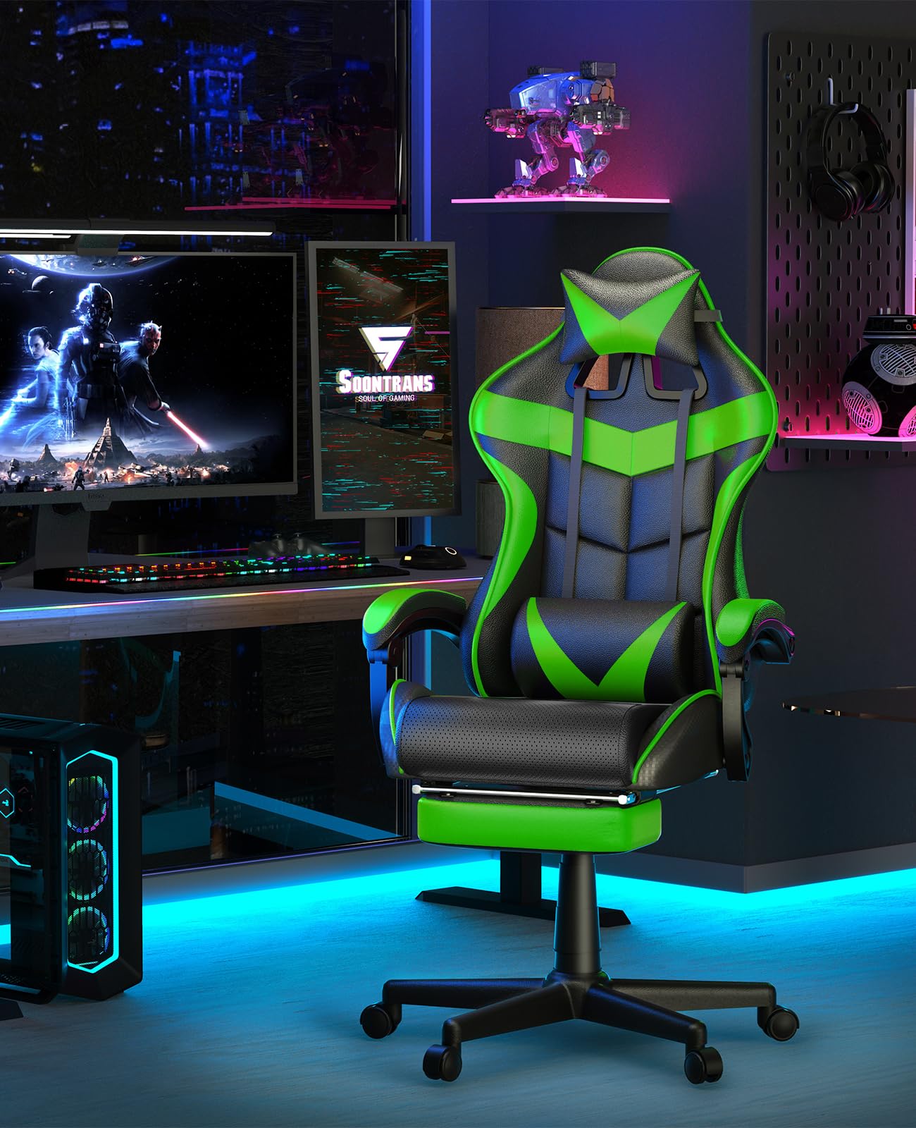 Soontrans Green Gaming Chair with Footrest,Racing Gaming Chair,Computer Gamer Chair,Ergonomic Game Chair with Adjustable Headrest and Lumbar Support(Jungle Green)