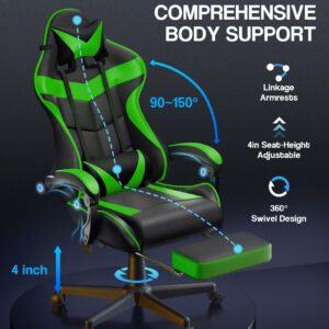 Soontrans Green Gaming Chair with Footrest,Racing Gaming Chair,Computer Gamer Chair,Ergonomic Game Chair with Adjustable Headrest and Lumbar Support(Jungle Green)