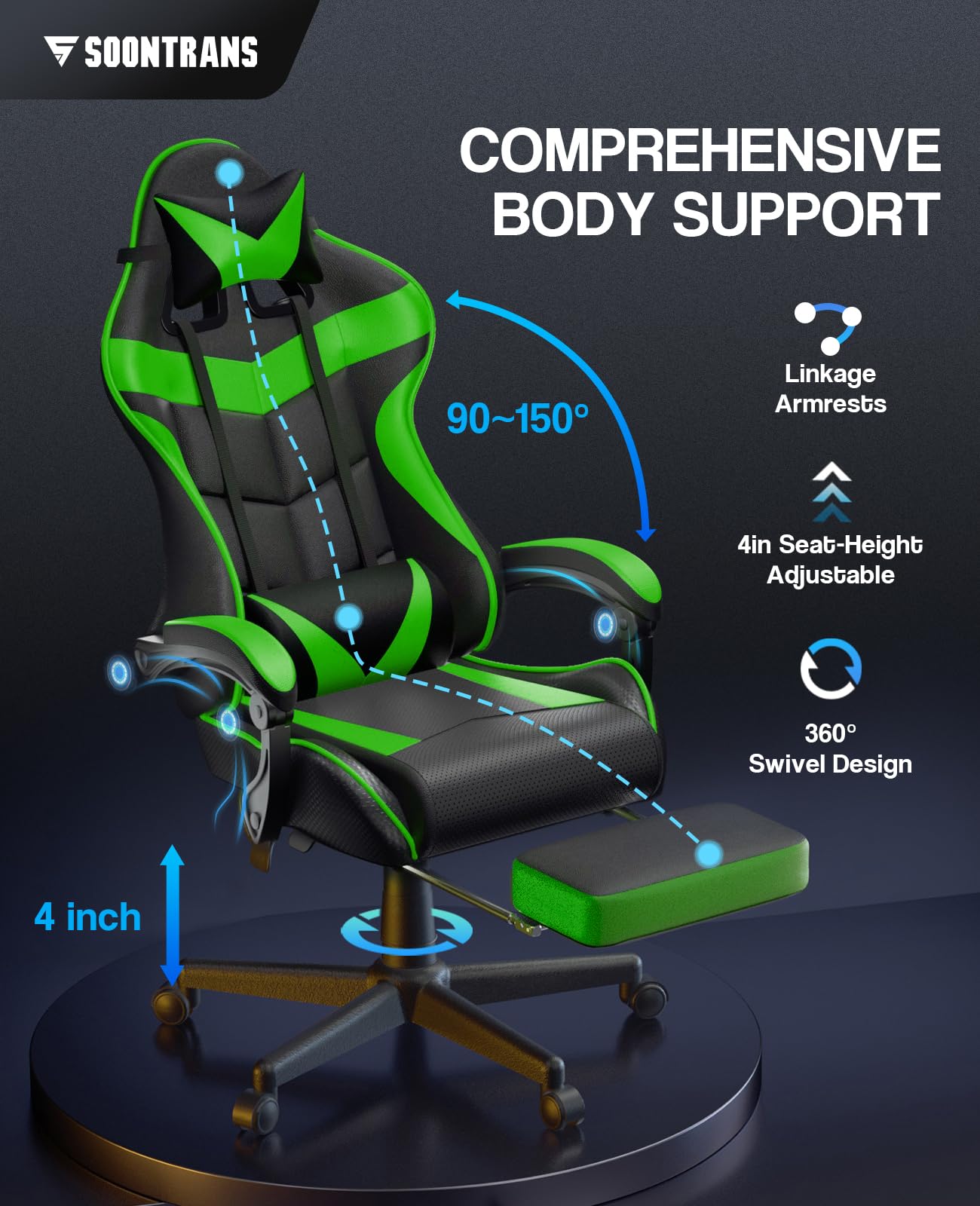 Soontrans Green Gaming Chair with Footrest,Racing Gaming Chair,Computer Gamer Chair,Ergonomic Game Chair with Adjustable Headrest and Lumbar Support(Jungle Green)